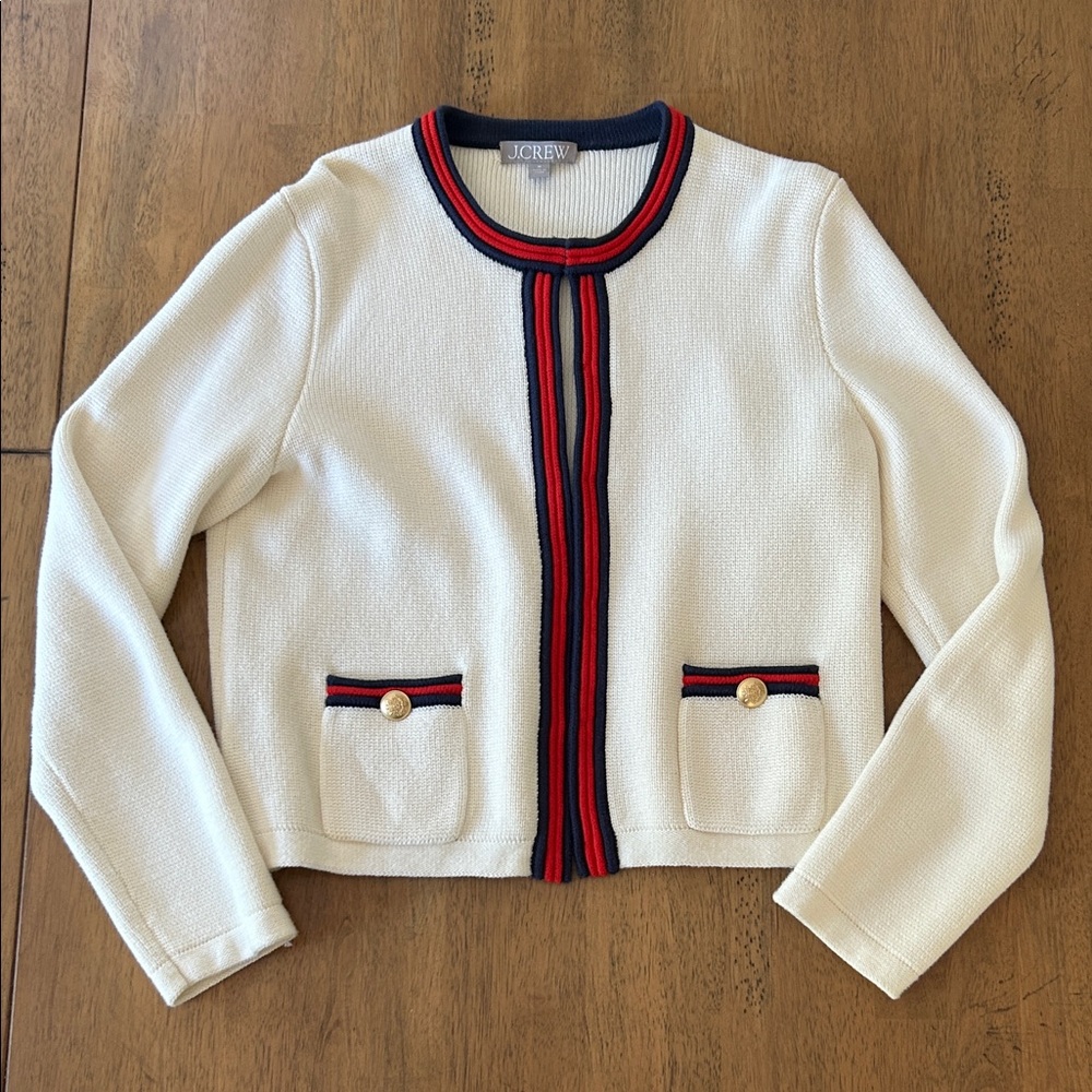 J. Crew Emilie sweater lady jacket. Ivory Cardigan with Navy and Scarlet Accents